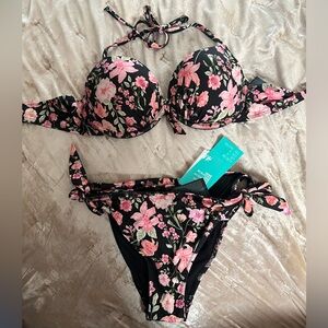 Black floral swimsuit bikini set padded Top size 36B bottom size 6